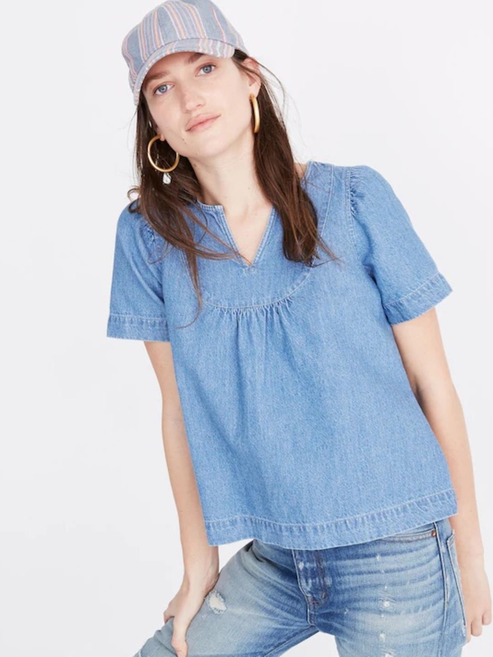 Madewell Blue Denim Short-Sleeve Popover Swing Top